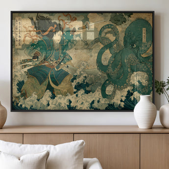 24416422-MGV-FP-36X24-3P_Black-Samurai vs Octopus Wall Art – Japanese Warrior Ocean Battle Canvas Print, Ukiyo e Inspired Decor for Home, Office, or Man Cave