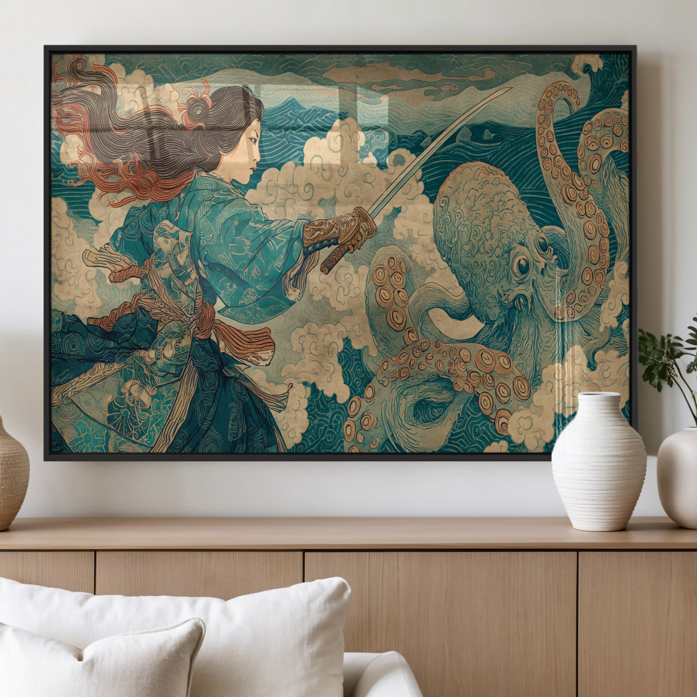 37943964-MGV-FP-36X24-3P_Black-Samurai Warrior vs Octopus Wall Art – Japanese Ukiyo-e Style Canvas Print, Ocean Battle Scene Artwork for Living Room, Office, Man