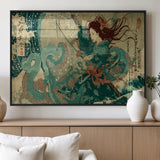86918027-MGV-FP-36X24-3P_Black-Samurai Warrior vs Octopus Wall Art – Japanese Ukiyo-e Ocean Battle Canvas Print, Traditional Samurai Artwork for Living Room,