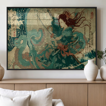 86918027-MGV-FP-36X24-3P_Black-Samurai Warrior vs Octopus Wall Art – Japanese Ukiyo-e Ocean Battle Canvas Print, Traditional Samurai Artwork for Living Room,