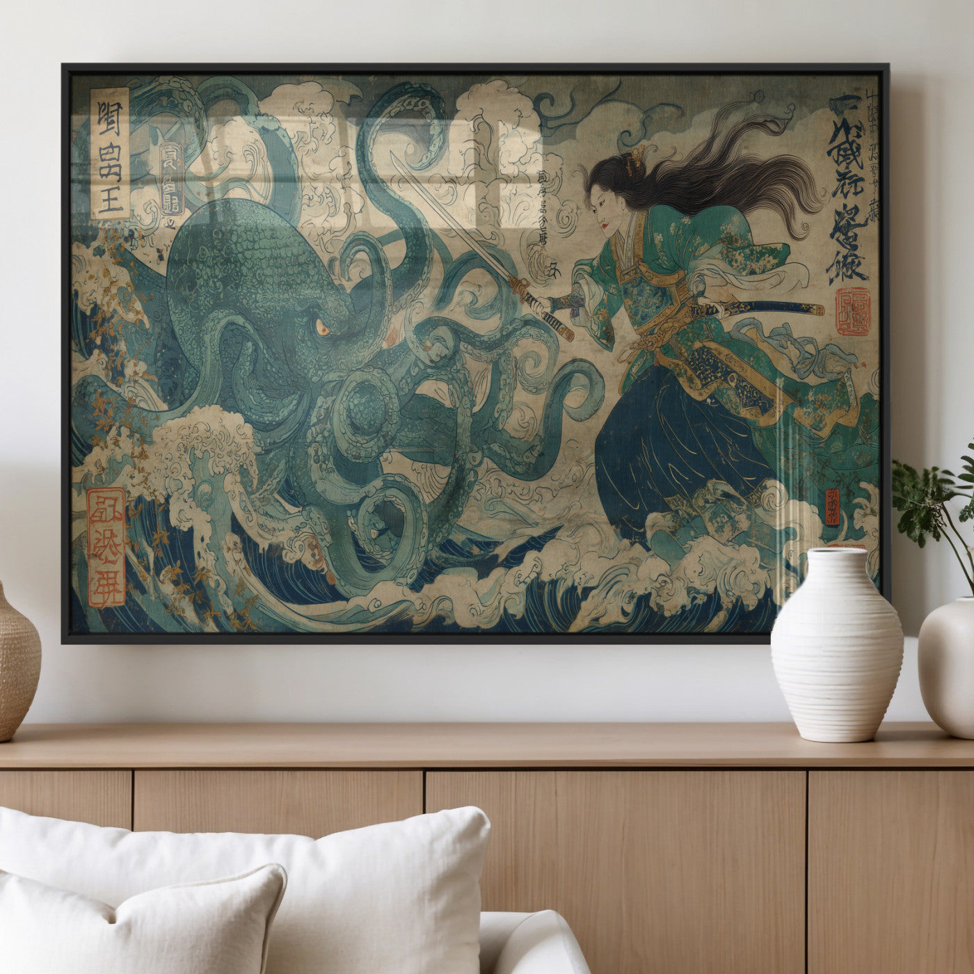 60346622-MGV-FP-36X24-3P_Black-Samurai Warrior vs Octopus Wall Art – Japanese Ukiyo-e Style Ocean Battle Canvas Print, Traditional Samurai Artwork for Living