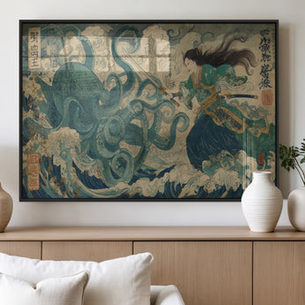 60346622-MGV-FP-36X24-3P_Black-Samurai Warrior vs Octopus Wall Art – Japanese Ukiyo-e Style Ocean Battle Canvas Print, Traditional Samurai Artwork for Living
