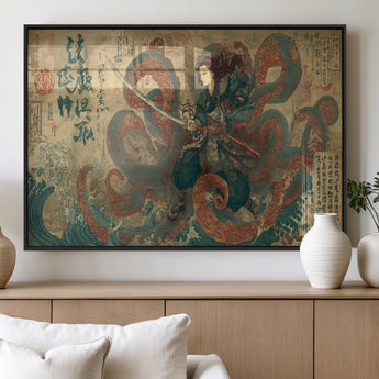98593115-MGV-FP-36X24-3P_Black-Samurai Warrior vs Octopus Wall Art – Japanese Ukiyo-e Calligraphy Canvas Print, Ocean Battle Scene Artwork for Living Room,