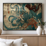 18575670-MGV-FP-36X24-3P_Black-Samurai Woman vs Octopus Wall Art – Japanese Ukiyo-e Ocean Battle Canvas Print, Traditional Warrior Artwork for Living Room,