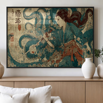 18575670-MGV-FP-36X24-3P_Black-Samurai Woman vs Octopus Wall Art – Japanese Ukiyo-e Ocean Battle Canvas Print, Traditional Warrior Artwork for Living Room,