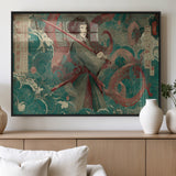 91666601-MGV-FP-36X24-3P_Black-Samurai Woman vs Octopus Wall Art – Japanese Ukiyo-e Green Robe Canvas Print, Ocean Battle Artwork for Living Room, Office, Man