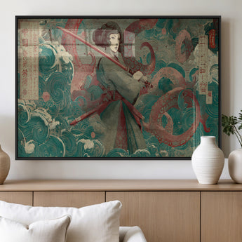91666601-MGV-FP-36X24-3P_Black-Samurai Woman vs Octopus Wall Art – Japanese Ukiyo-e Green Robe Canvas Print, Ocean Battle Artwork for Living Room, Office, Man