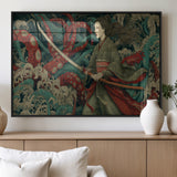 18902796-MGV-FP-36X24-3P_Black-Samurai Woman vs Octopus Wall Art – Japanese Ukiyo-e Green Kimono Canvas Print, Ocean Battle Scene Artwork for Living Room,
