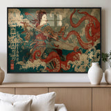 60201267-MGV-FP-36X24-3P_Black-Samurai Woman vs Octopus Wall Art – Japanese Ukiyo-e Armor Canvas Print, Red Tentacle Ocean Battle Artwork for Living Room,