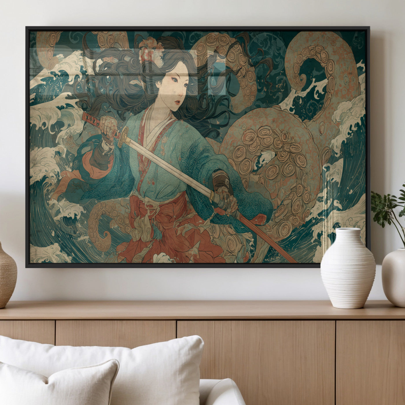 79740258-MGV-FP-36X24-3P_Black-Samurai Woman vs Octopus Wall Art – Japanese Ukiyo-e Blue Kimono Canvas Print, Ocean Battle Artwork for Living Room, Office, Man