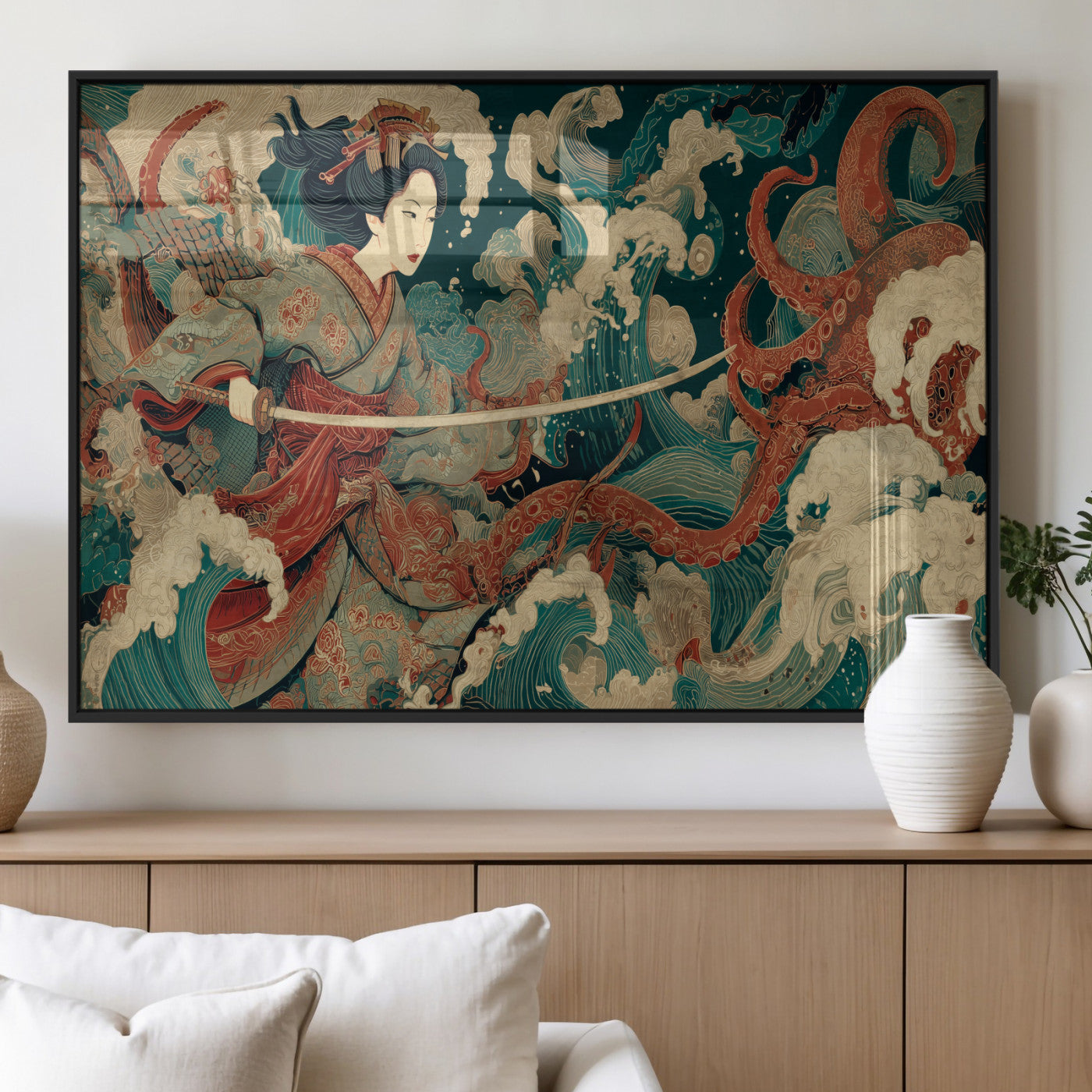 30212982-MGV-FP-36X24-3P_Black-Samurai Woman vs Octopus Wall Art – Japanese Ukiyo-e Style Warrior and Sea Monster Canvas Print, Mythology Inspired Artwork for