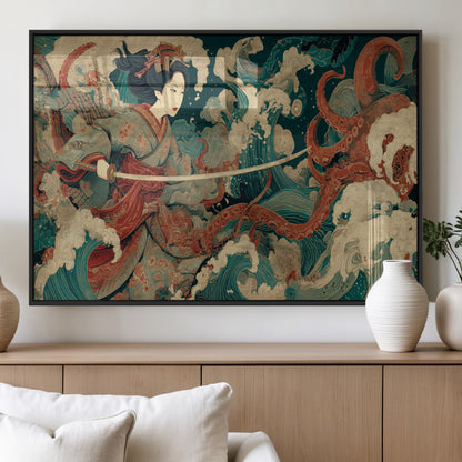 30212982-MGV-FP-36X24-3P_Black-Samurai Woman vs Octopus Wall Art – Japanese Ukiyo-e Style Warrior and Sea Monster Canvas Print, Mythology Inspired Artwork for