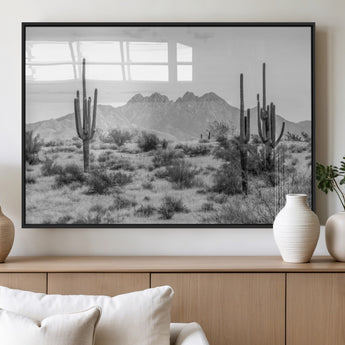97436PHN-MGV-FP-36X24-3P_Black-Desert Landscape Wall Art – Black and White Cactus and Mountain Canvas Print, Southwestern Nature Photography for Living Room,