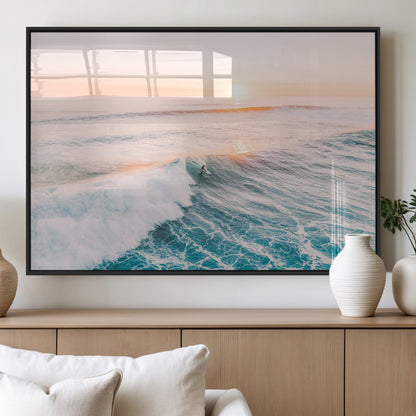 34064591-MGV-FP-36X24-3P_Black-Surfing Wall Art – Sunset Ocean Wave Canvas Print, Surfer Riding Sea Photography Decor for Bedroom, Living Room, Office, Coastal