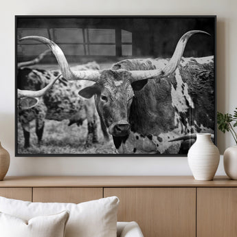 15425553-MGV-FP-36X24-3P_Black-Western Wall Art – Longhorn Cattle Black and White Canvas Print, Rustic Ranch Photography Decor for Bedroom, Living Room, Office,