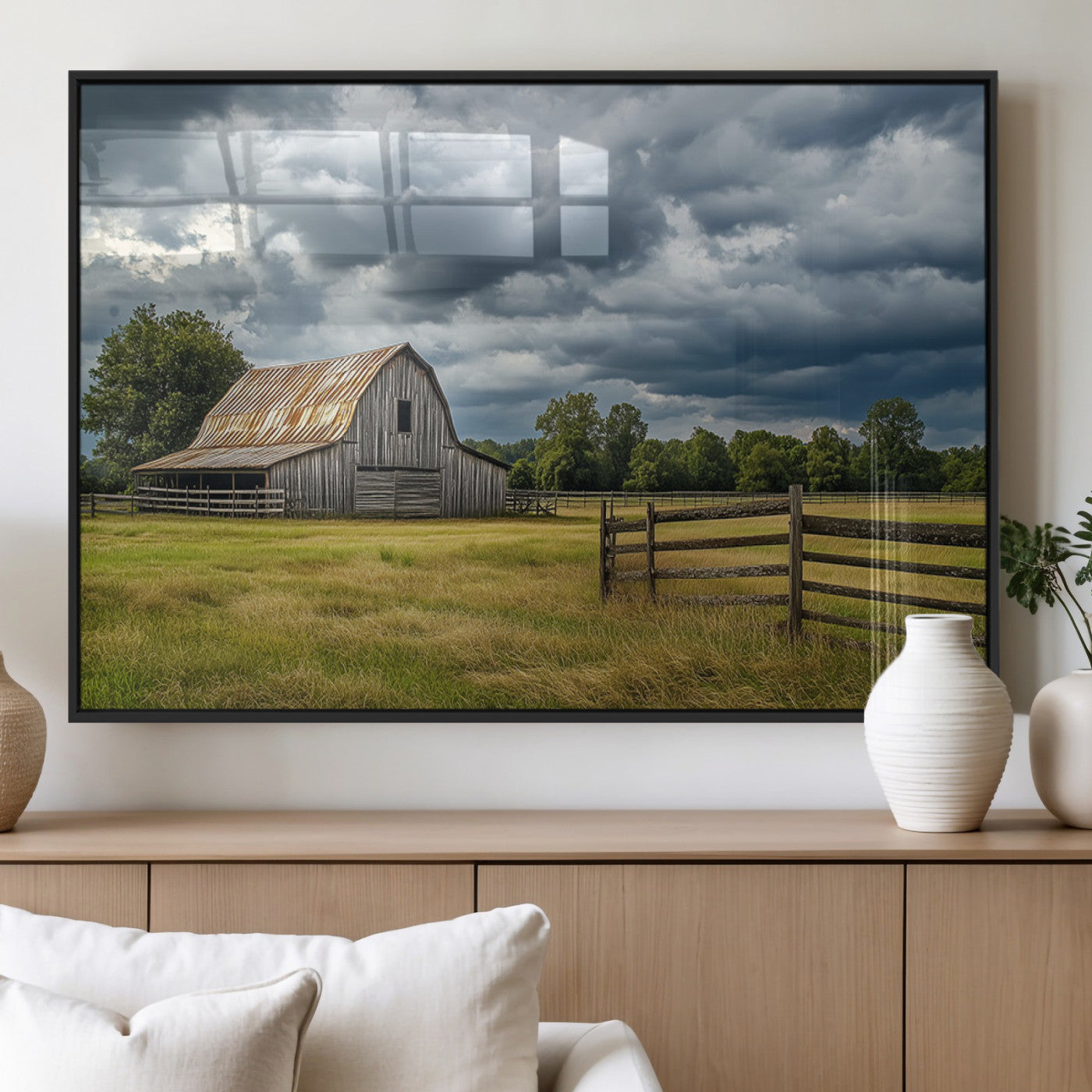 39409517-MGV-FP-36X24-3P_Black-Rustic Barn Wall Art – Weathered Farmhouse and Storm Clouds Canvas Print, Country Landscape Photography Decor for Bedroom, Living