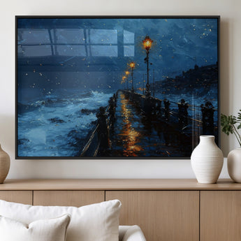 48300530-MGV-FP-60X30-3P_Black-Dark Stormy Pier Canvas Wall Art – Moody Ocean Night Scene with Street Lamps, Blue Coastal Seascape Print for Bedroom, Office, or