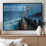93793246-MGV-FP-36X24-3P_Black-Stormy Night Pier Canvas Wall Art – Moody Ocean Landscape with Lights, Blue Coastal Seascape Print for Bedroom, Living Room,