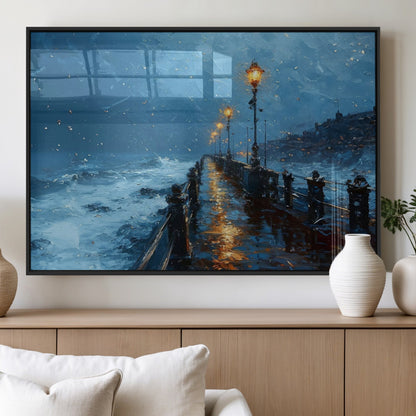 93793246-MGV-FP-36X24-3P_Black-Stormy Night Pier Canvas Wall Art – Moody Ocean Landscape with Lights, Blue Coastal Seascape Print for Bedroom, Living Room,