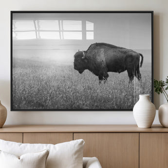90861202-MGV-FP-36X24-3P_Black-Black and White Bison Canvas Wall Art – Rustic American Buffalo Print, Western Wildlife Photography for Farmhouse, Cabin, Office