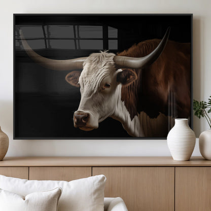 27414857-MGV-FP-60X30-3P_Black-Texas Longhorn Bull Canvas Wall Art – Rustic Western Farmhouse Decor, Brown & White Cow Portrait, Animal Print for Ranch Home