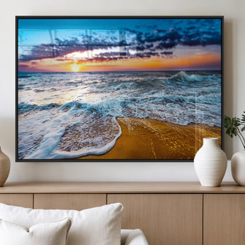 24077769-MGV-FP-36X24-3P_Black-Sunset Beach Wall Art – Ocean Waves Canvas Print, Golden Shoreline Photography Coastal Decor for Living Room, Bedroom, Office,