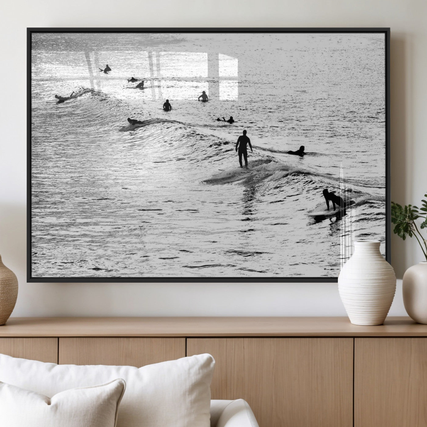 68018616-MGV-FP-36X24-3P_Black-Black and White Surf Photography Print – Minimalist Ocean Wall Art, Surfers Riding Waves, Coastal Beach Decor for Modern Home or
