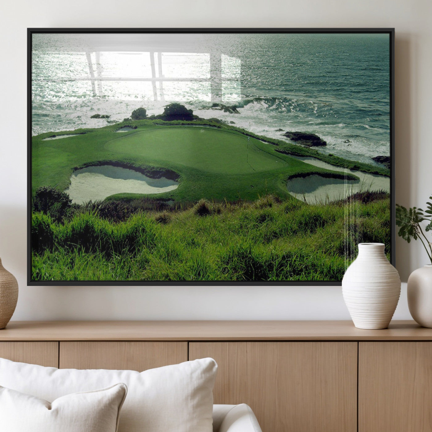 48473947-MGV-FP-36X24-3P_Black-Ocean Golf Course Wall Art – Panoramic Green Fairway Canvas Print, Coastal Golf Landscape Photography Sports Decor for Office, Man