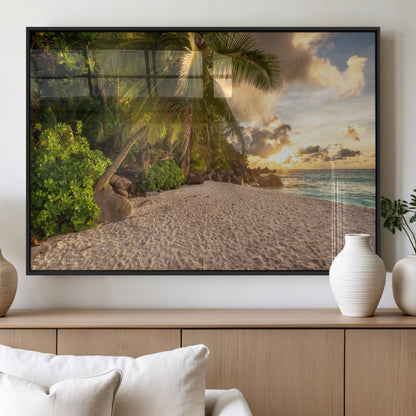 89531159-MGV-FP-36X24-3P_Black-Tropical Beach Sunset Canvas Wall Art – Palm Trees Golden Sand Ocean Waves Coastal Paradise Print for Beach House Bedroom Bathroom