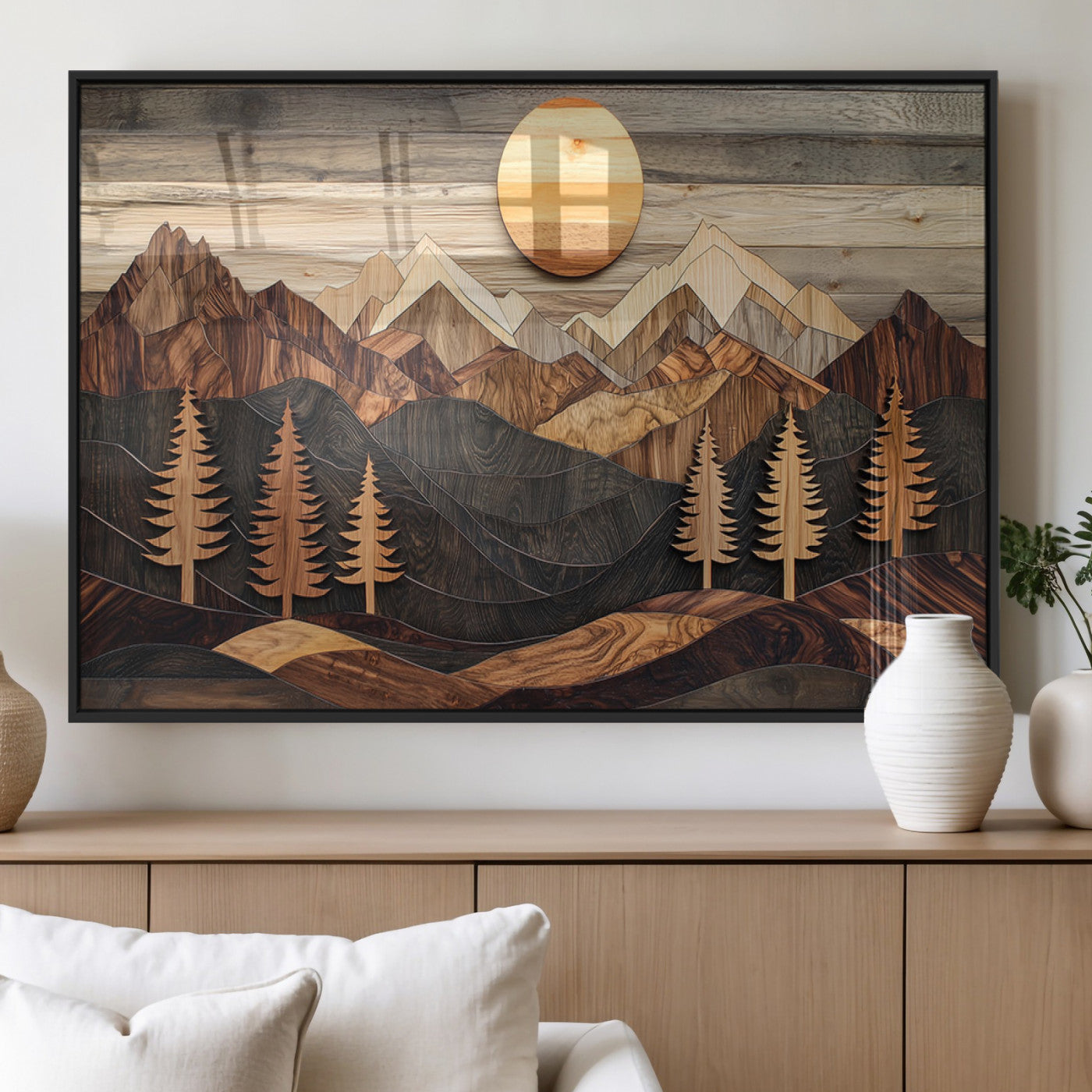 90044381-MGV-FP-36X24-3P_Black-Rustic Wall Art – Wooden Mountain Landscape with Sun and Pine Trees, Handcrafted Nature Canvas Style Decor for Bedroom, Living
