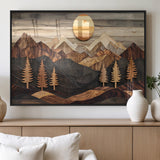 90044381-MGV-FP-36X24-3P_Black-Rustic Wall Art – Wooden Mountain Landscape with Sun and Pine Trees, Handcrafted Nature Canvas Style Decor for Bedroom, Living