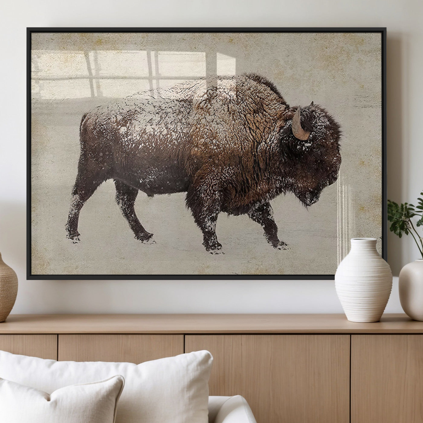 54810031-MGV-FP-36X24-3P_Black-Western Wall Art – Snow Covered Bison Canvas Print, Rustic Wildlife Photography Decor for Bedroom, Living Room, Office, Lodge,