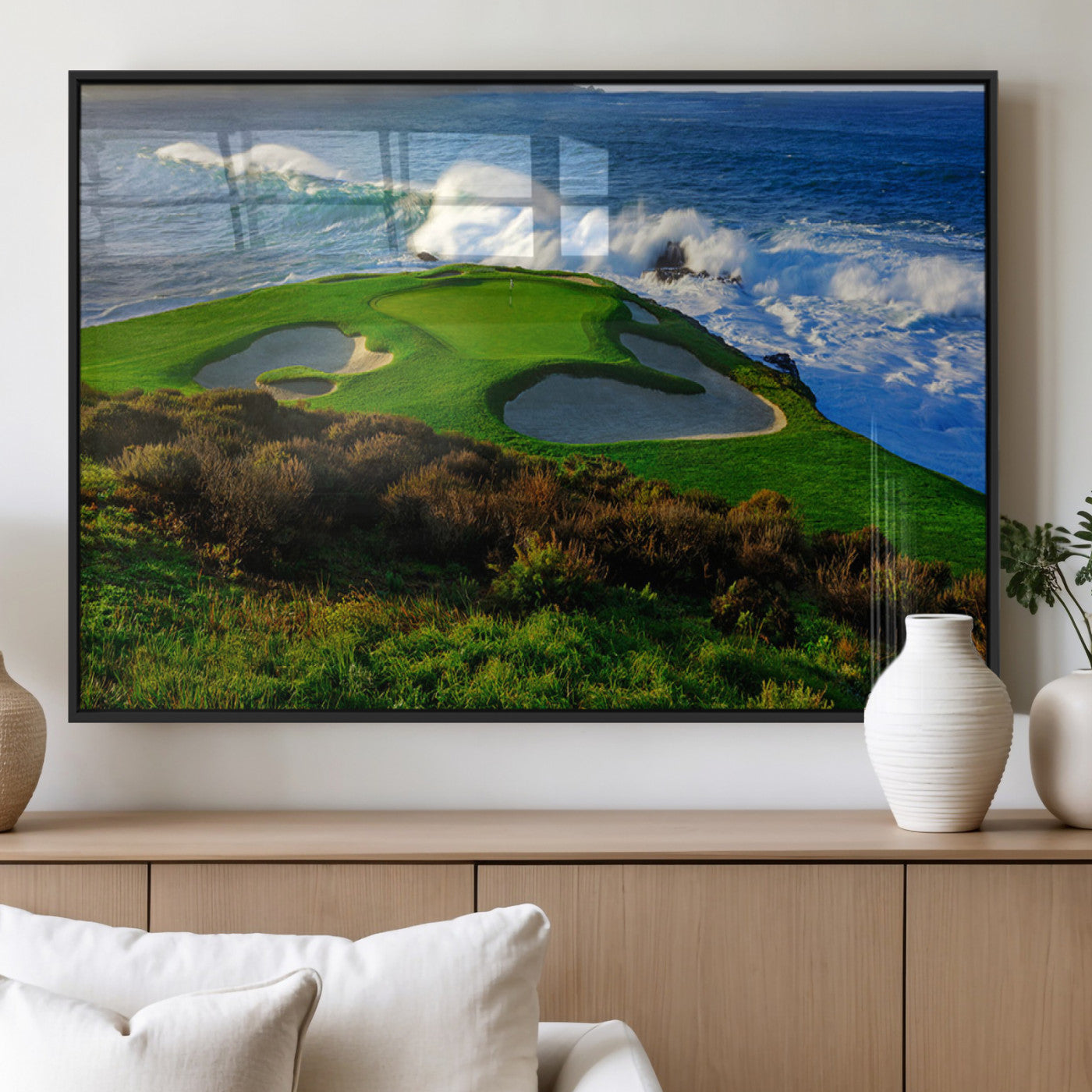 13644055-MGV-FP-36X24-3P_Black-Golf Wall Art – Oceanfront Green Canvas Print, Scenic Coastal Course Photography Decor for Bedroom, Living Room, Office, Sports