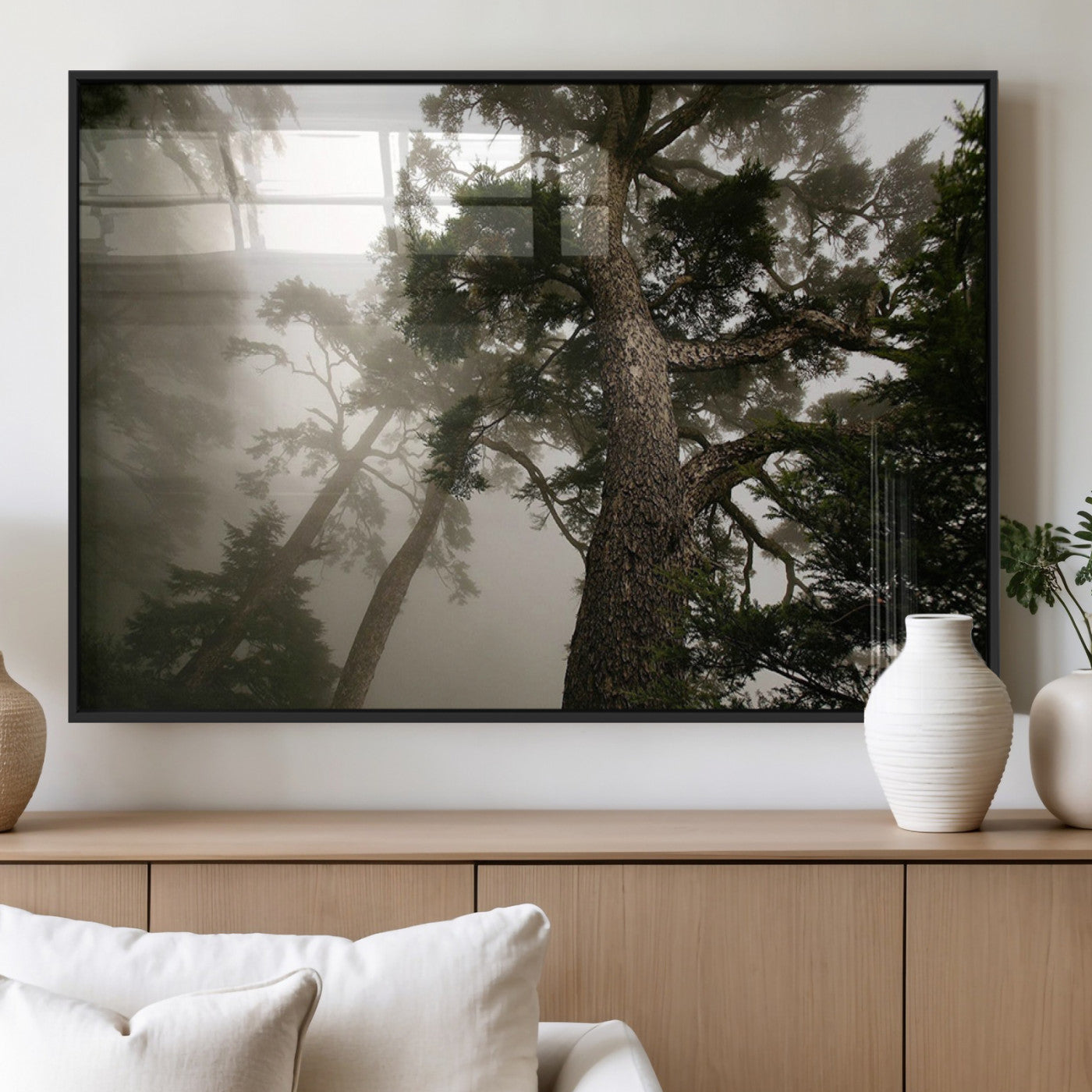 87969493-MGV-FP-36X24-3P_Black-Forest Wall Art – Misty Tall Trees Canvas Print, Dramatic Woodland Photography Decor for Bedroom, Living Room, Office, Cabin,