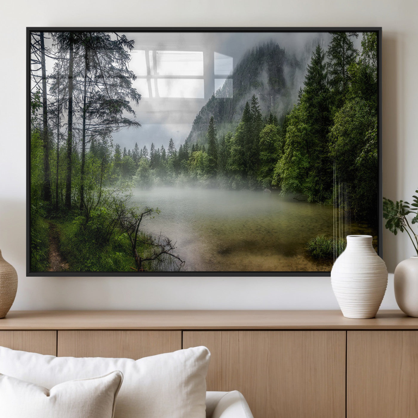 93123937-MGV-FP-36X24-3P_Black-Landscape Wall Art – Misty Mountain Lake Canvas Print, Tranquil Forest and Waterfall Photography Decor for Bedroom, Living Room,