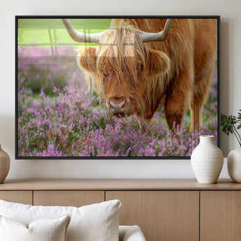 64069351-MGV-FP-36X24-3P_Black-Farmhouse Wall Art – Highland Cow in Wildflowers Canvas Print, Rustic Country Cattle Photography Decor for Bedroom, Living Room,