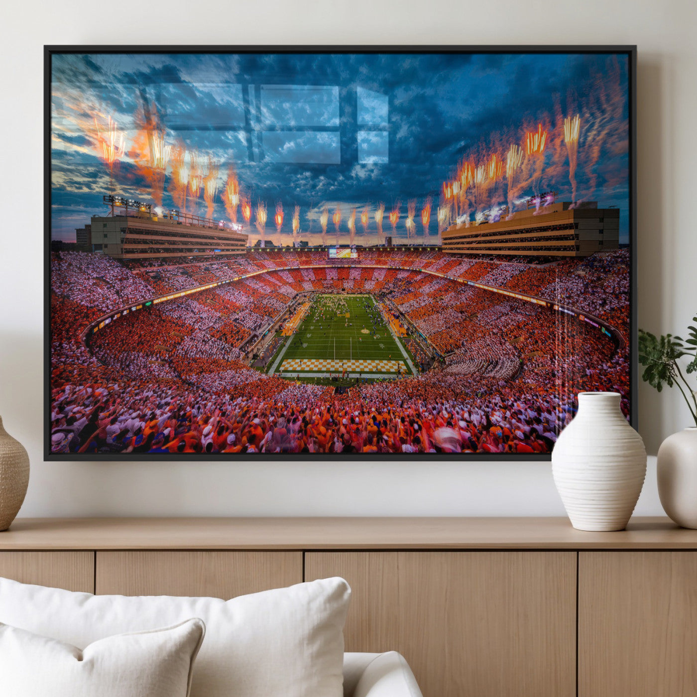 94266219-MGV-FP-36X24-3P_Black-Neyland Stadium Wall Art – Panoramic Tennessee Volunteers Checkerboard Crowd Fireworks Canvas Print, Football Game Day Sports