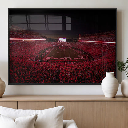 38331045-MGV-FP-36X24-3P_Black-Sanford Stadium Wall Art – Panoramic Georgia Bulldogs Red Light Game Football Canvas Print, Night Crowd Sports Decor for Office,