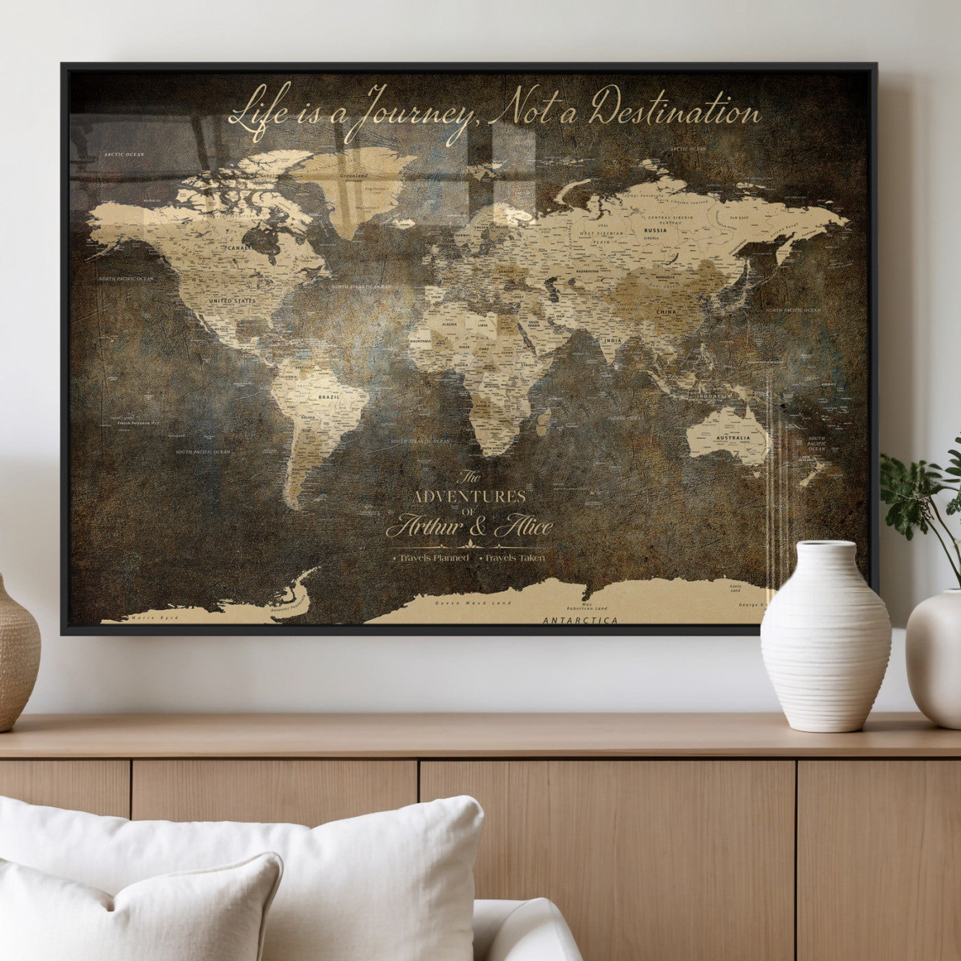 13394308-MGV-FP-36X24-3P_Black-Personalized World Map Wall Art – Dark Rustic Vintage Adventure Travel Map with Custom Couple Names, Timeless Wall Decor for Home