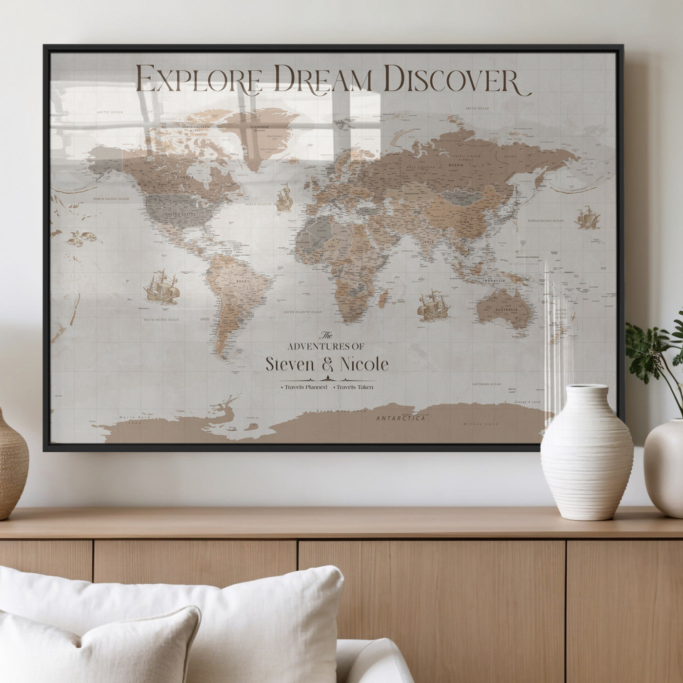 56148717-MGV-FP-36X24-3P_Black-Personalized World Map Wall Art – Neutral Beige & Brown Vintage Adventure Travel Map with Custom Couple Names, Classic Wall Decor