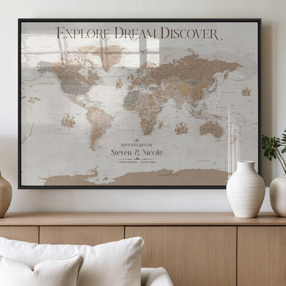 56148717-MGV-FP-36X24-3P_Black-Personalized World Map Wall Art – Neutral Beige & Brown Vintage Adventure Travel Map with Custom Couple Names, Classic Wall Decor