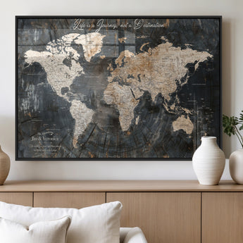 55548943-MGV-FP-36X24-3P_Black-Personalized World Map Wall Art – Rustic Wood Texture Adventure Travel Map with Custom Couple Names, Vintage Dark Wall Decor for