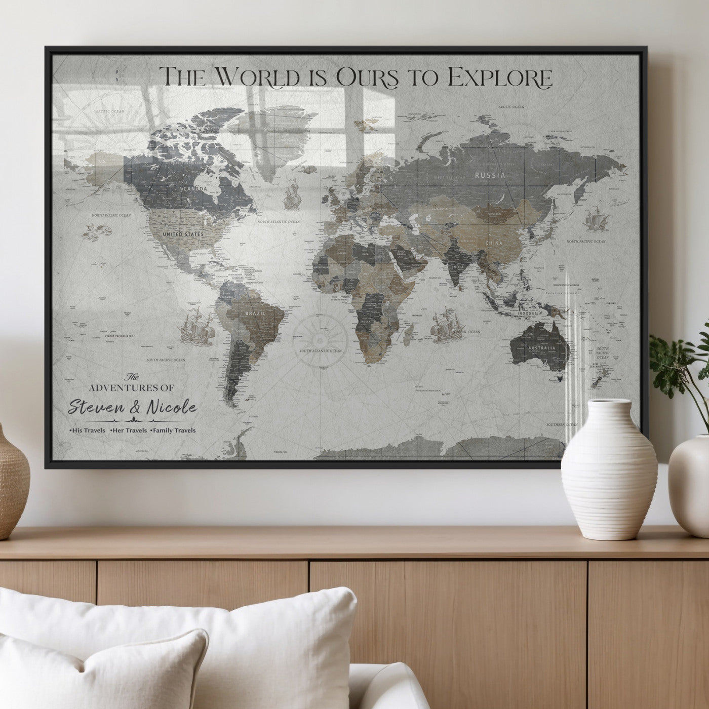 97082026-MGV-FP-36X24-3P_Black-Personalized World Map Wall Art – Vintage Gray Adventure Travel Map with Custom Couple or Family Names, Rustic Wall Decor for Home