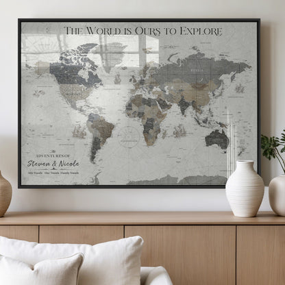 97082026-MGV-FP-36X24-3P_Black-Personalized World Map Wall Art – Vintage Gray Adventure Travel Map with Custom Couple or Family Names, Rustic Wall Decor for Home