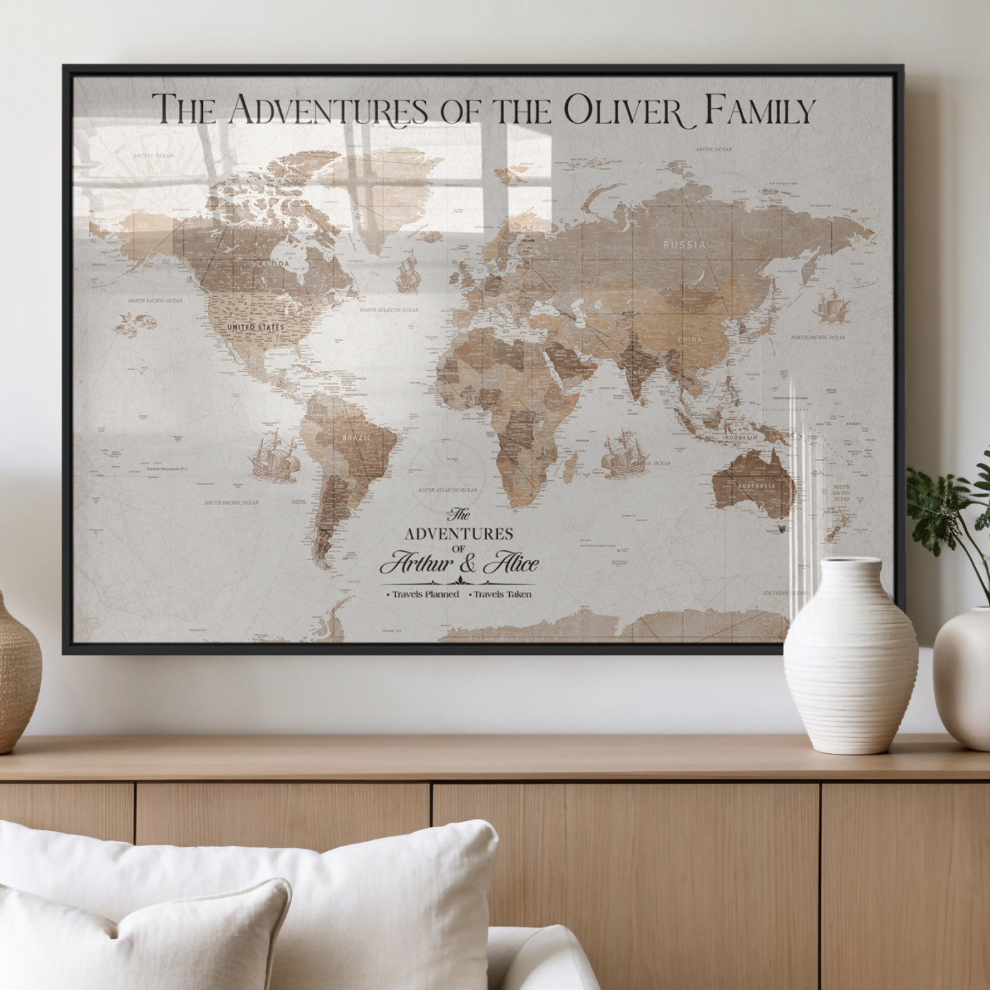 43869621-MGV-FP-36X24-3P_Black-Personalized World Map Wall Art – Light Beige Sepia Adventure Travel Map with Custom Family or Couple Names, Rustic Wall Decor for
