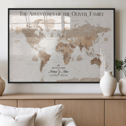 43869621-MGV-FP-36X24-3P_Black-Personalized World Map Wall Art – Light Beige Sepia Adventure Travel Map with Custom Family or Couple Names, Rustic Wall Decor for