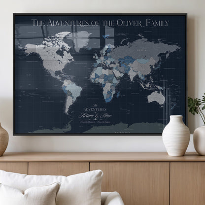 76726424-MGV-FP-36X24-3P_Black-Personalized World Map Wall Art – Navy Blue & Grey Adventure Travel Map with Custom Family or Couple Names, Modern Wall Decor for