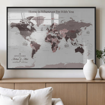 33204797-MGV-FP-36X24-3P_Black-Personalized World Map Wall Art – Burgundy & Grey Adventure Travel Map with Custom Names, Romantic Wall Decor for Couples, Home or