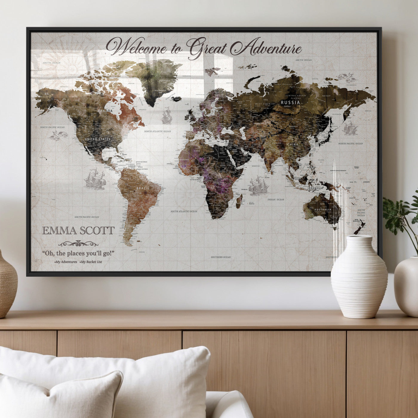 33631532-MGV-FP-36X24-3P_Black-Personalized World Map Wall Art – Dark Vintage Adventure Travel Map with Custom Names, Rustic Wall Decor for Couples, Home or