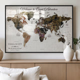 33631532-MGV-FP-36X24-3P_Black-Personalized World Map Wall Art – Dark Vintage Adventure Travel Map with Custom Names, Rustic Wall Decor for Couples, Home or